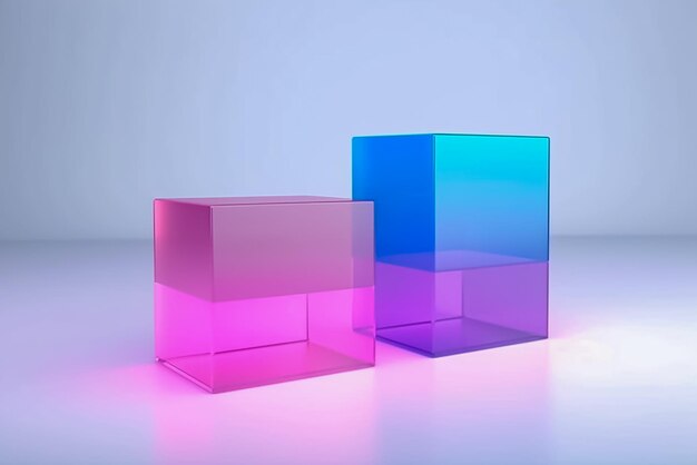 Cubo illuminato Neon Glow su forme di vetro lisce in un ambiente vuoto Ai generato