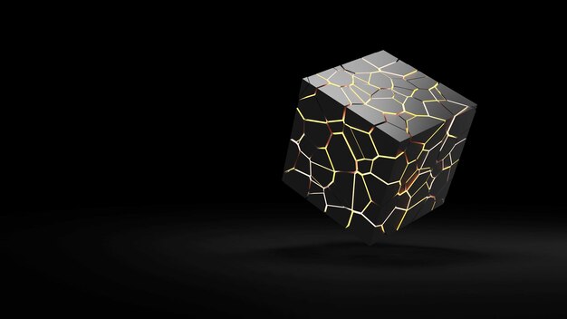 Cubo rotto con lava calda all'interno su sfondo scuro