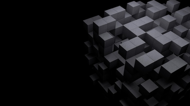 Cubo tecnologico astratto nero 3d su sfondo scuro vuoto Struttura scientifica per la costruzione di blocchi digitali