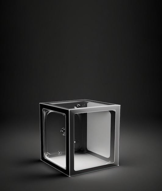 Cubo trasparente con piedistallo vuoto per la presentazione del prodotto sfondo scuro AI generato