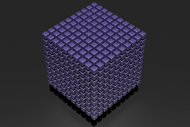 Cubo viola designIl cubo viola astratto fatto di piccoli cubi concept3D rende l'illustrazione