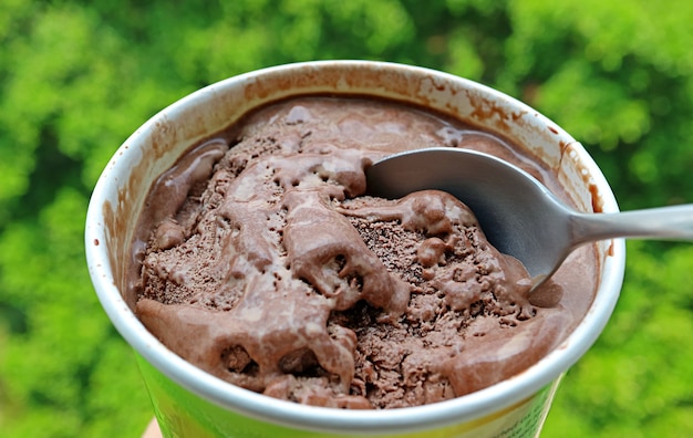 Cucchiaio che raccoglie delizioso gelato al cioccolato fondente con sfocato giardino verde