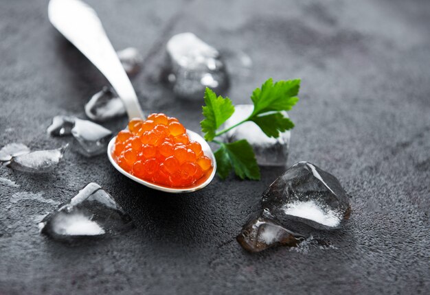 Cucchiaio con deliziosi caviali rossi