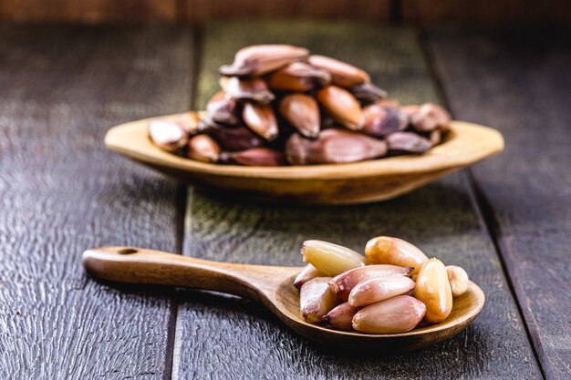 Cucchiaio con semi di pinhÃ£o cotti, ingrediente culinario tipico del sud del Brasile