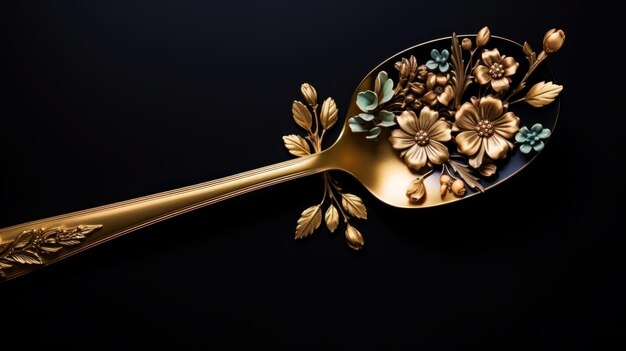 Cucchiaio d'oro vintage con motivo floreale inciso su sfondo scuro Vista dall'alto AI generativa