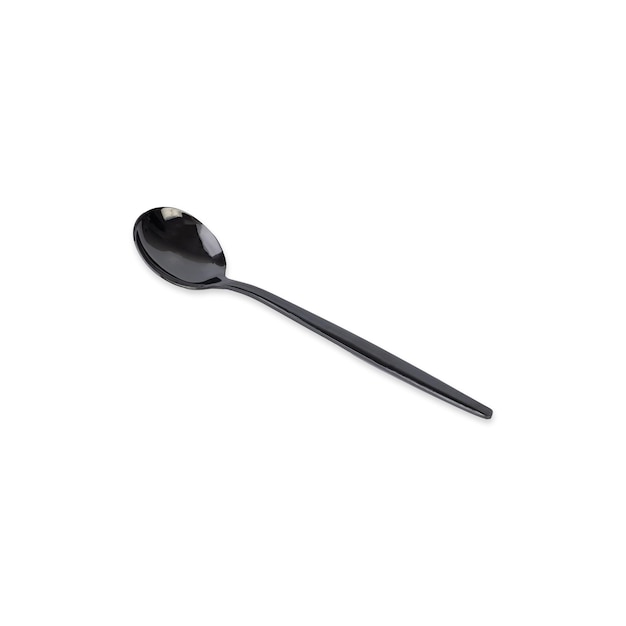 Cucchiaio da dessert in metallo nero isolato su sfondo bianco
