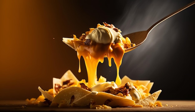 Cucchiaio di formaggio fuso su nachos croccanti. IA generativa.
