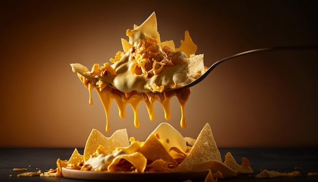 Cucchiaio di formaggio fuso su nachos croccanti. IA generativa.