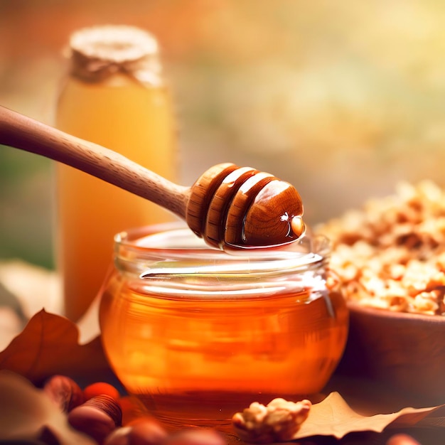 Cucchiaio di legno all'interno di un barattolo di miele con noci e una ciotola di cereali su foglie autunnali sfondo sfocato