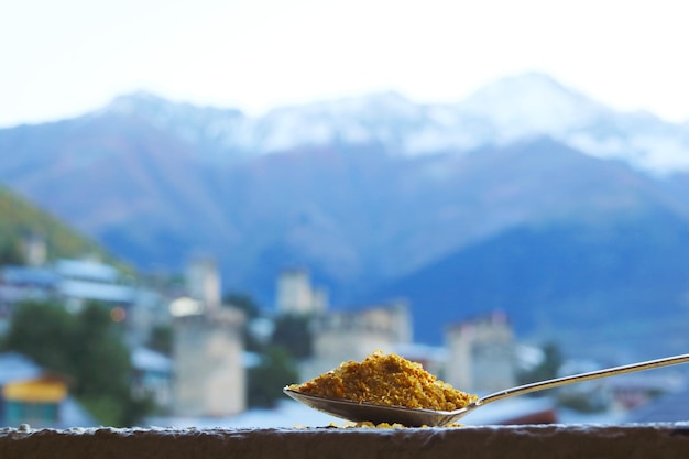 Cucchiaio di sale Svan georgiano con montagne sfocate del Caucaso e città di Mestia sullo sfondo