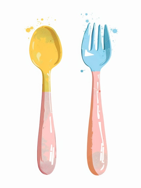 Cucchiaio e forchetta di colore pastello su sfondo bianco per l'IA generativa dell'asilo