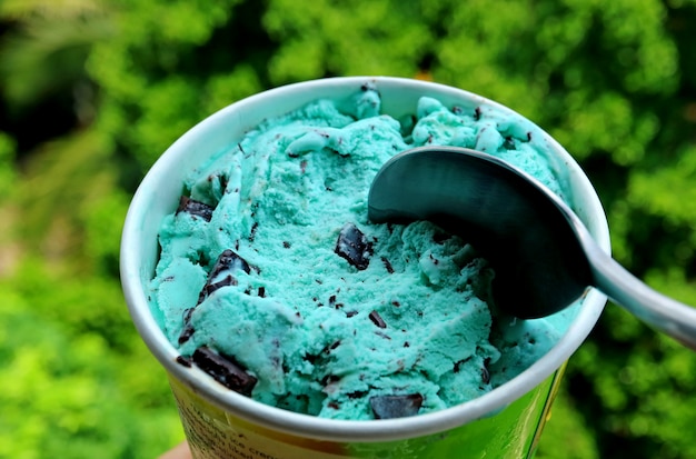 Cucchiaio scavare nel gelato al cioccolato alla menta con fogliame verde sfocato