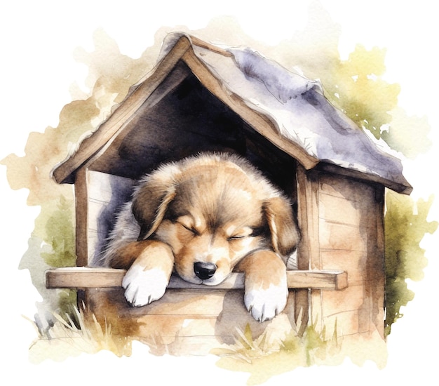 Cuccino carino che dorme nella casa del cane acquerello isolato su bianco