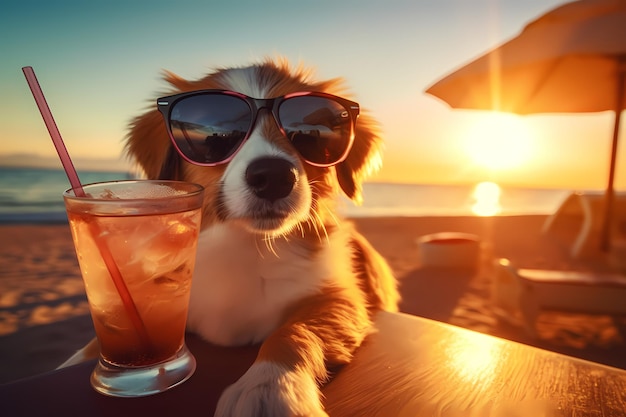 Cuccino carino che si riposa sulla spiaggia con un cocktail freddo al tramonto concetto di vacanza estiva