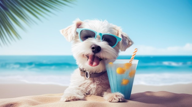 Cuccino carino con cocktail che si rilassa sulla spiaggia di sabbia vicino al mare Vacanze estive con l'animale domestico AI generativa