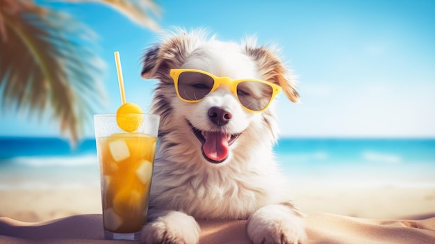 Cuccino carino con cocktail che si rilassa sulla spiaggia di sabbia vicino al mare Vacanze estive con l'animale domestico AI generativa