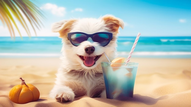 Cuccino carino con cocktail che si rilassa sulla spiaggia di sabbia vicino al mare Vacanze estive con l'animale domestico AI generativa