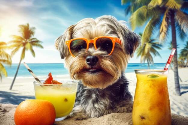 Cuccino carino con cocktail che si rilassa sulla spiaggia di sabbia vicino al mare Vacanze estive con l'animale domestico AI generativa