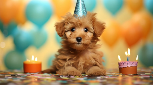 Cuccino carino con torta di compleanno e candele su sfondo sfocato idea di compleanno per animali domestici