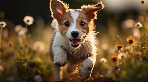 Cuccino carino con un cane bianco nel parco