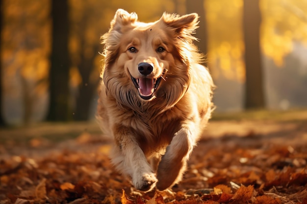 Cuccino carino corre tra le foglie d'autunno nella foresta