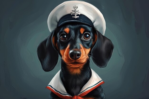 Cuccino carino di cane dachshund in un'illustrazione di cappello da marinaio.