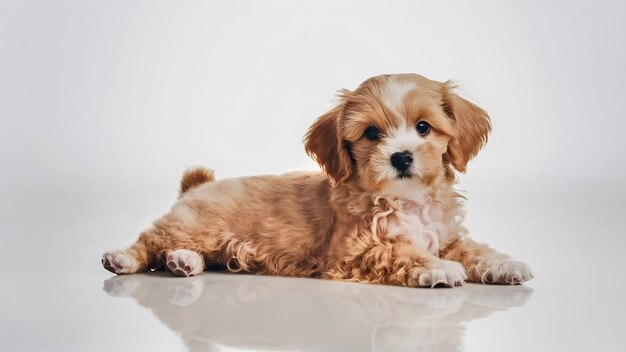 Cuccino carino di cane maltipoo che posa calmamente sdraiato isolato sullo sfondo bianco dello studio anima domestica