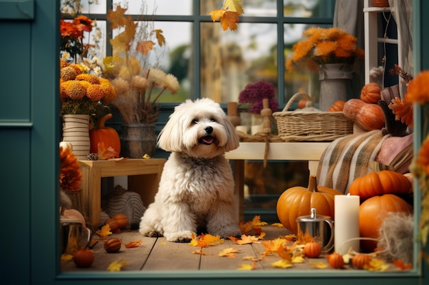 Cuccino carino è seduto di fronte a una porta di vetro negozio con decorazione autunnale con zucche e fiori