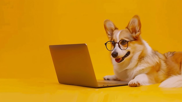 Cuccino corgi che guarda il portatile con gli occhiali su sfondo giallo AI generativa