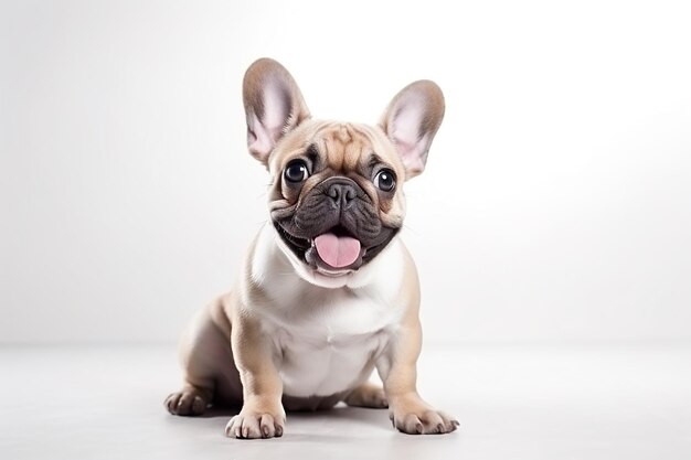 Cuccino di bulldog francese bianco seduto su uno sfondo bianco