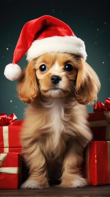 Cuccino di cane carino con scatole regalo di Natale poster foto concettuale regalo rosso di Capodanno