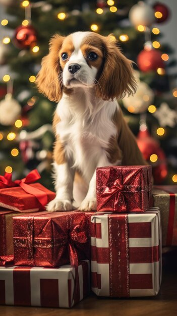 Cuccino di cane carino con scatole regalo di Natale poster foto concettuale regalo rosso di Capodanno
