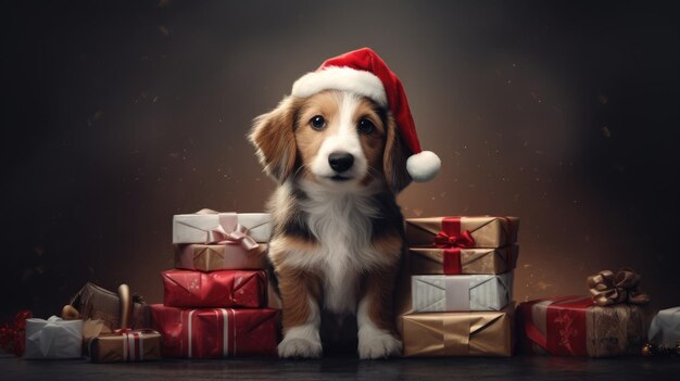 Cuccino di cane carino con scatole regalo di Natale poster foto concettuale regalo rosso di Capodanno