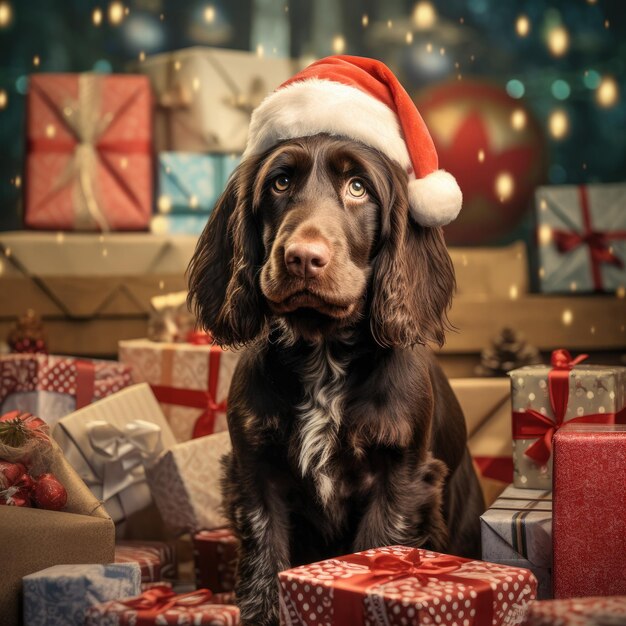 Cuccino di cane carino con scatole regalo di Natale poster foto concettuale regalo rosso di Capodanno