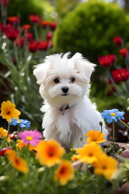 Cuccino di maltese nel giardino di primavera