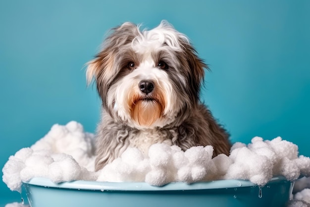 Cuccino divertente seduto nella vasca da bagno in attesa di pulizia Banner per il salone di pulizia del negozio di animali Generativa AI