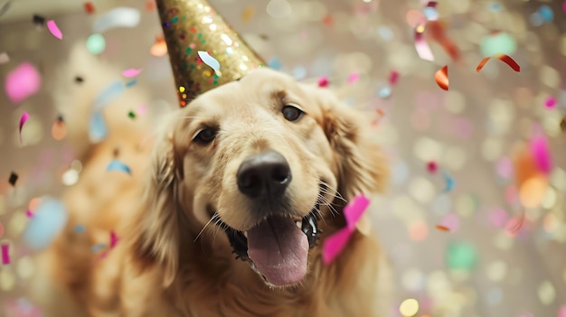 Cuccino felice che celebra a una festa di compleanno indossando un cappello da festa con un con cadente AI generativa