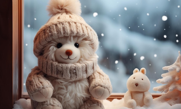 Cuccino giocattolo di feltro in cappello bianco a maglia e sciarpa seduto sulla finestra contro la neve sullo sfondo natalizio