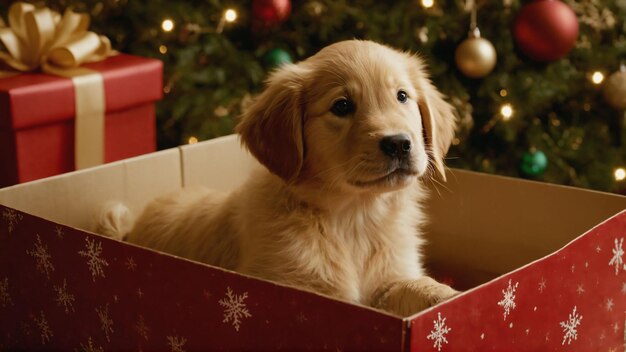 Cuccino in una scatola regalo per Natale Cucciolo in una scotola sullo sfondo di Natale