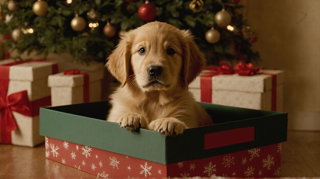 Cuccino in una scatola regalo per Natale Cucciolo in una scotola sullo sfondo di Natale