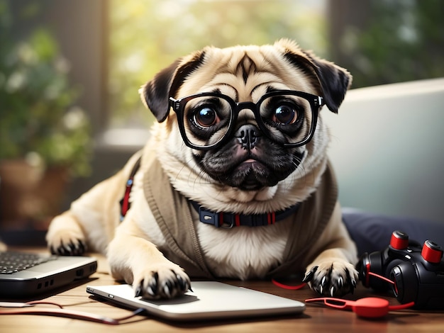 Cuccino pug con occhiali programmatore o giorno nazionale degli animali domestici