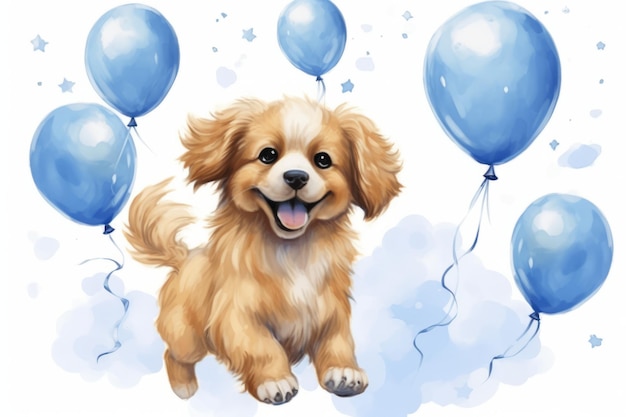 Cuccio cane sta volando su palloncini blu illustrazione acquerello