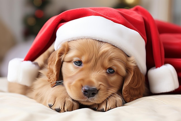 Cuccio carino in cappello di Babbo Natale seduto vicino all'albero di Natale sullo sfondo sfocato