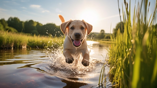 Cuccio labrador retriever cane che corre fuori dalla natura immagine AI arte generata