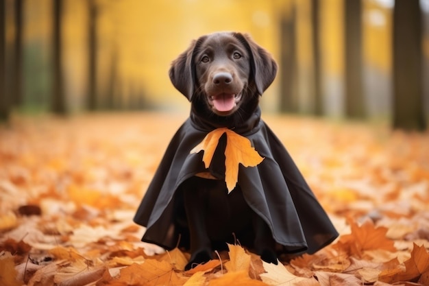 Cuccio Labrador Retriever che indossa un costume di Halloween nel parco d'autunno