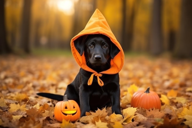 Cuccio Labrador Retriever che indossa un costume di Halloween nel parco d'autunno