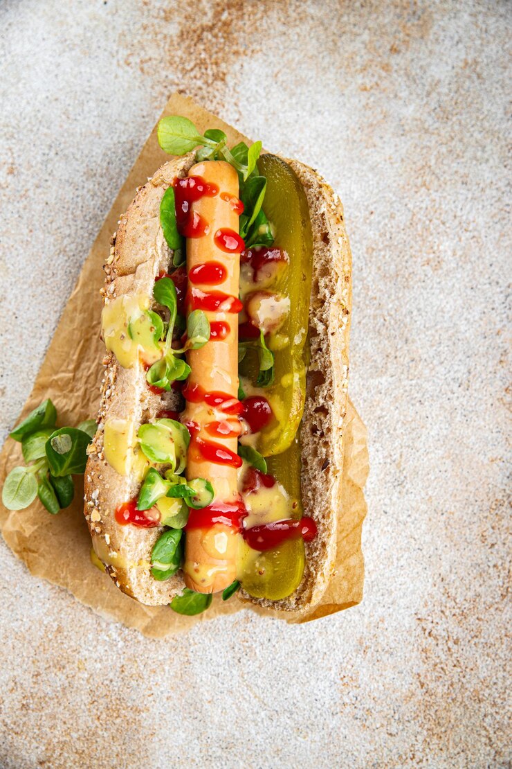 Foto cuccioli caldi, panini, salsa di pomodoro, cetrioli in salamoia, foglie di lattuga verde, cibo da asporto, pasto fresco.