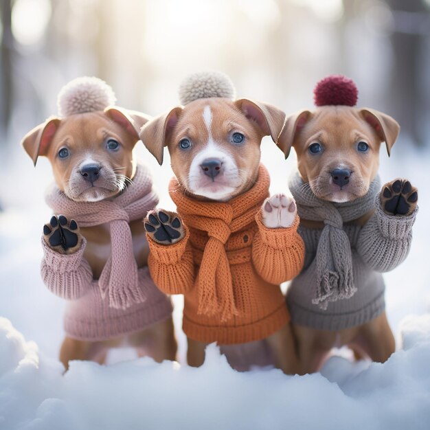 Cuccioli che posano per un servizio fotografico in inverno