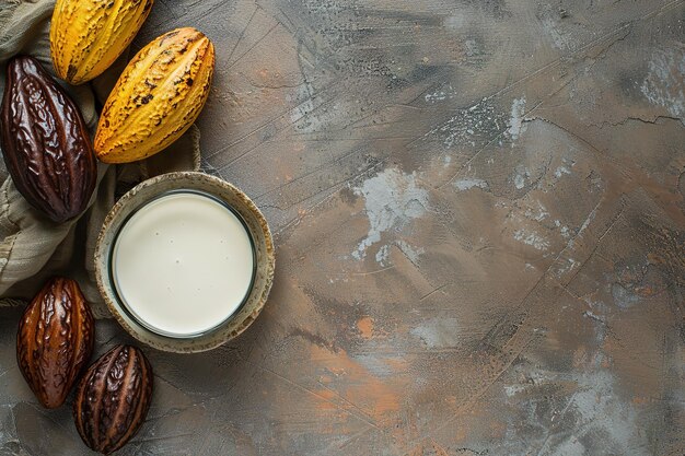 Cuccioli di cacao freschi e una ciotola di acqua di cacao su uno sfondo texturato