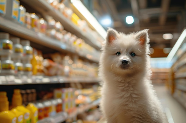 Cuccioli di cane che comprano cibo per animali domestici al supermercato per la vendita del Venerdì Nero